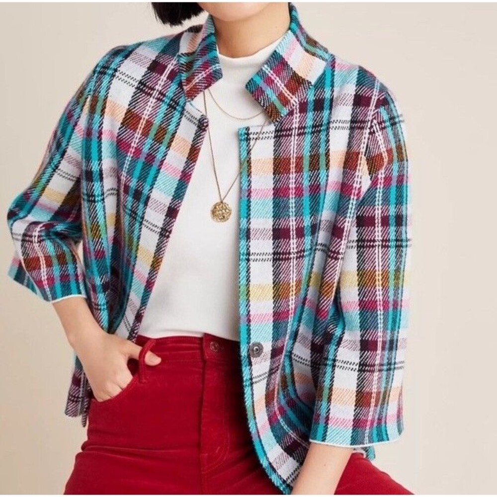 Anthropologie Rosetta Cropped Plaid Jacket Womens Bell Sleeve Blazer Petite XL